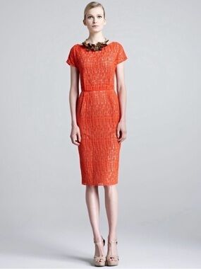 NWT Lela Rose Jigsaw Lace Pencil Wiggle Dress with Silk Slip in Tomato Red, Sz 4